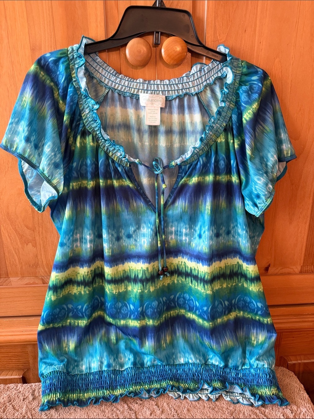 Blue & Green Tie-Dye Peasant Top